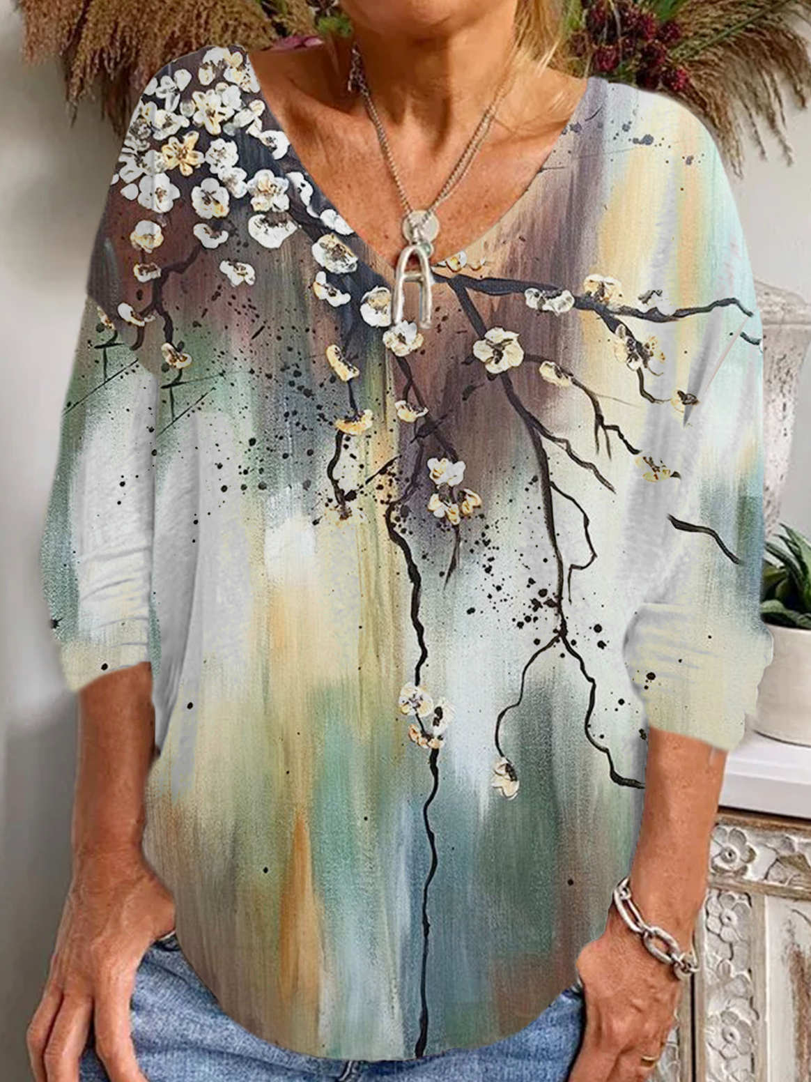 Casual Floral V Neck Long Sleeve T-shirt