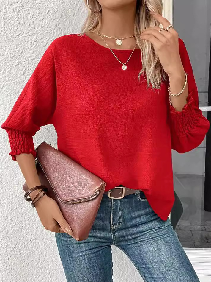 Crew Neck Three Quarter Sleeve Plain Regular Micro-Elasticity Loose Blouse For Women