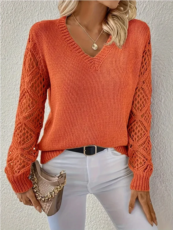 Women Yarn/Wool Yarn Plain Long Sleeve Comfy Casual Sweater