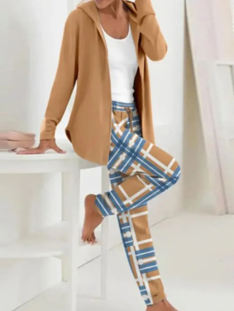 Women Plaid Hoodie Long Sleeve Comfy Casual Coat With Pants Two-Piece Set