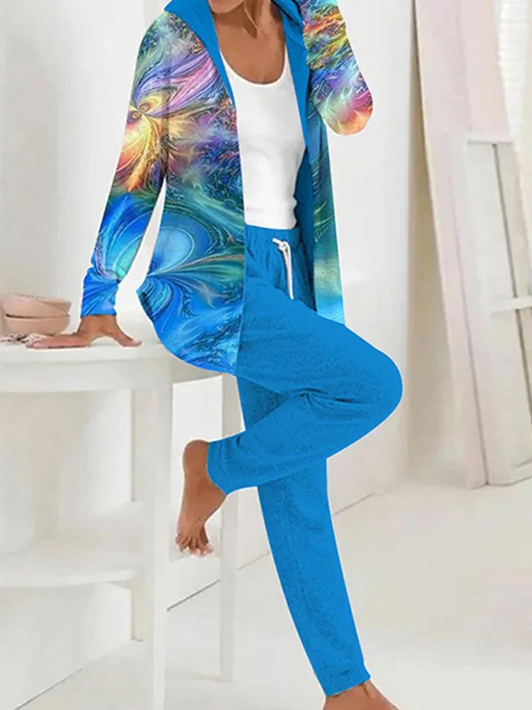 Women Abstract Hoodie Long Sleeve Comfy Casual Coat With Pants Two-Piece Set