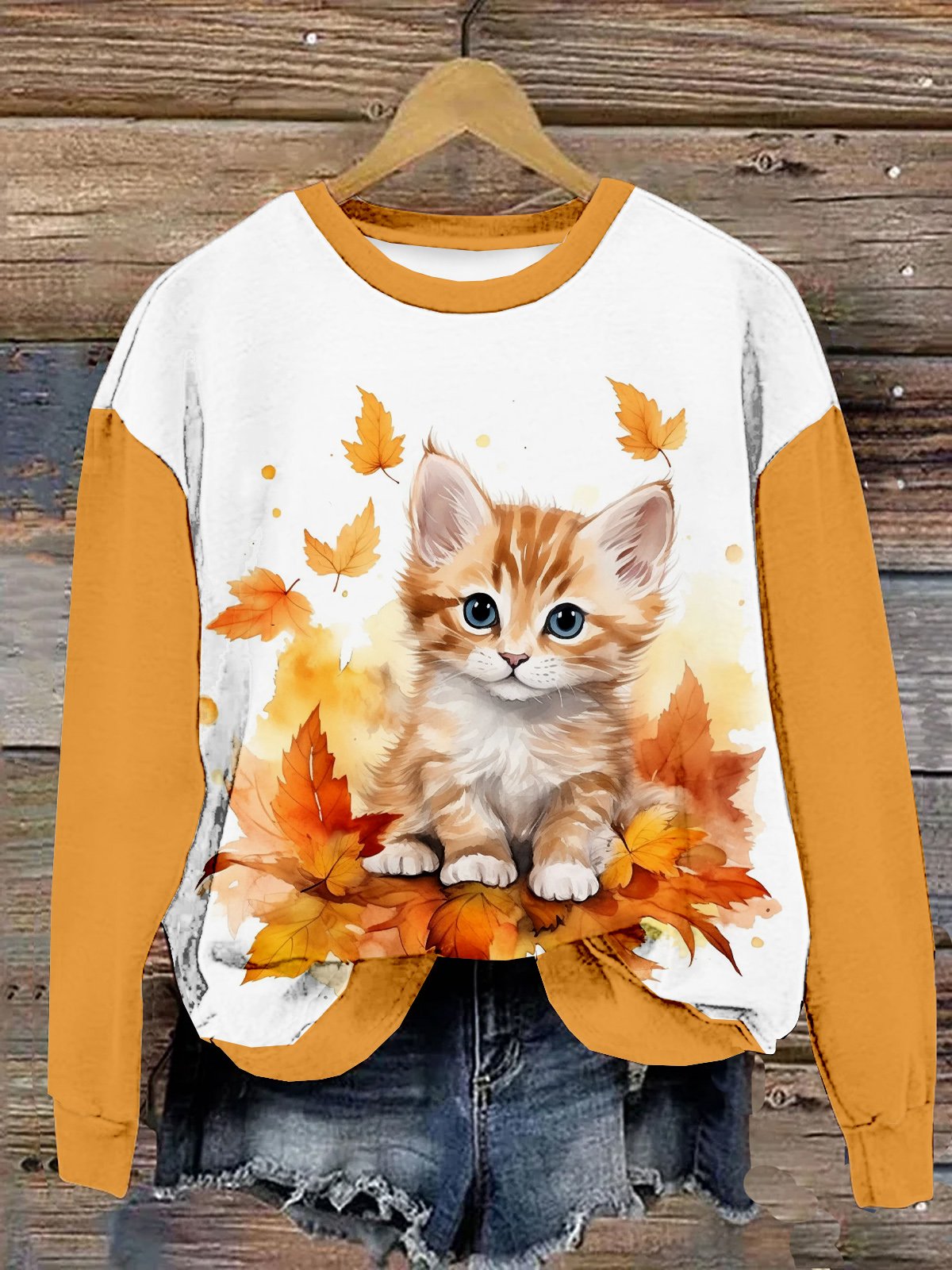 Casual Crew Neck Cat Sweatshirt