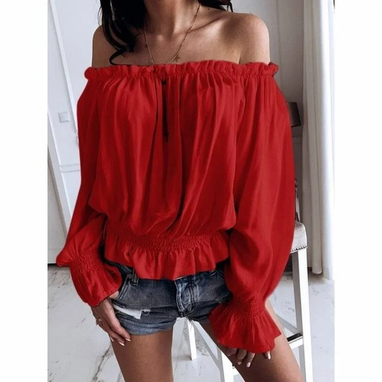 Off The Shoulder Long Sleeve Plain Regular Loose Blouse For Women