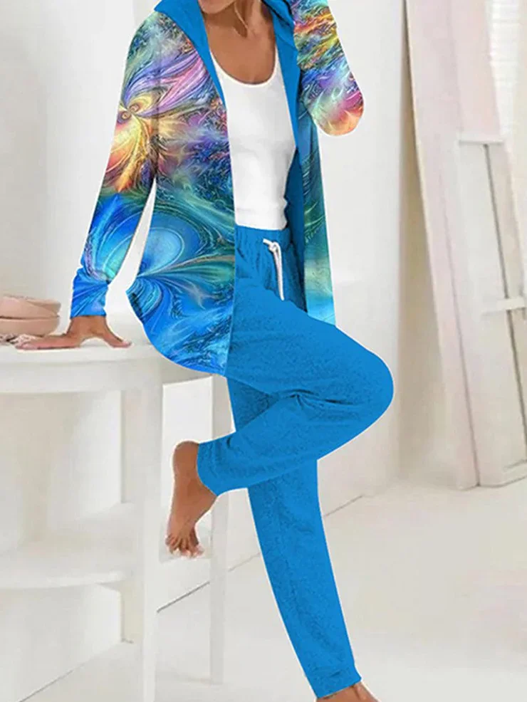 Women Abstract Hoodie Long Sleeve Comfy Casual Coat With Pants Two-Piece Set