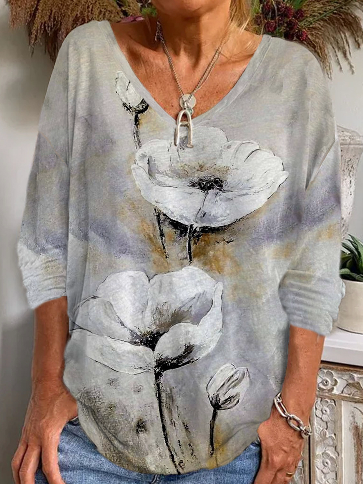 Casual Floral V Neck Long Sleeve T-shirt