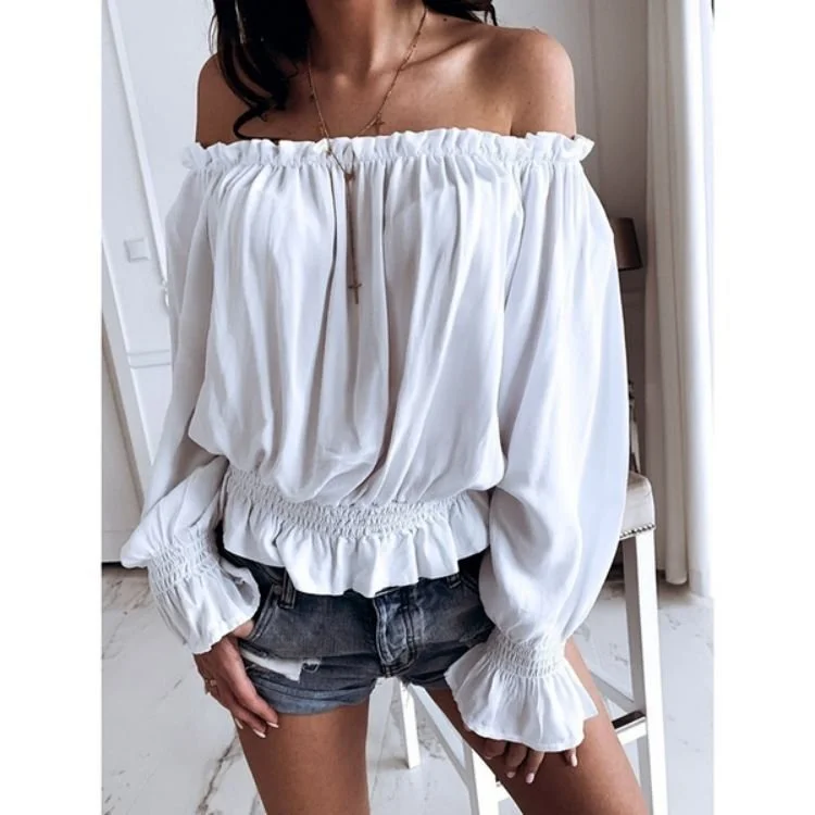 Off The Shoulder Long Sleeve Plain Regular Loose Blouse For Women