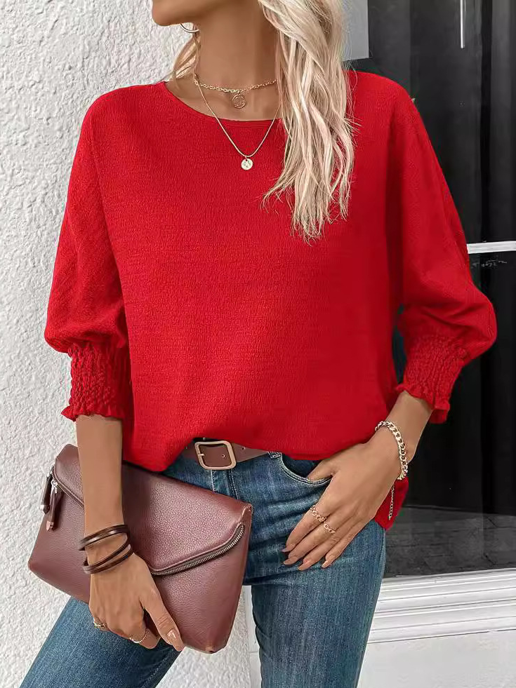 Crew Neck Three Quarter Sleeve Plain Regular Micro-Elasticity Loose Blouse For Women