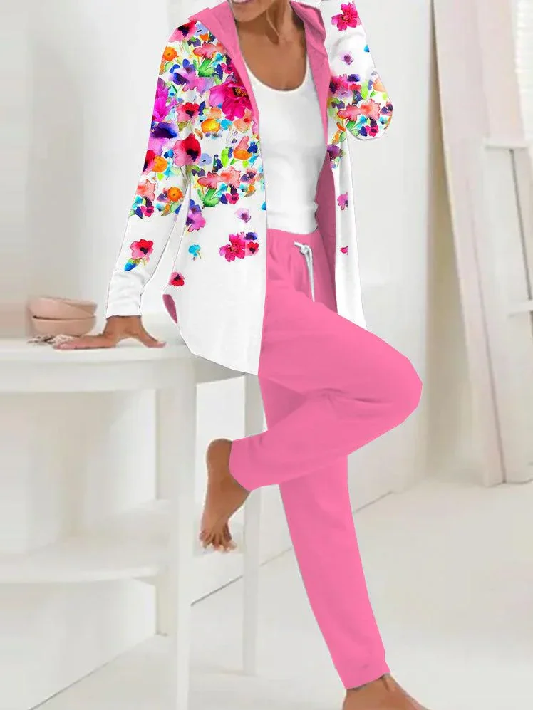 Women Floral Hoodie Long Sleeve Comfy Casual Coat With Pants Two-Piece Set