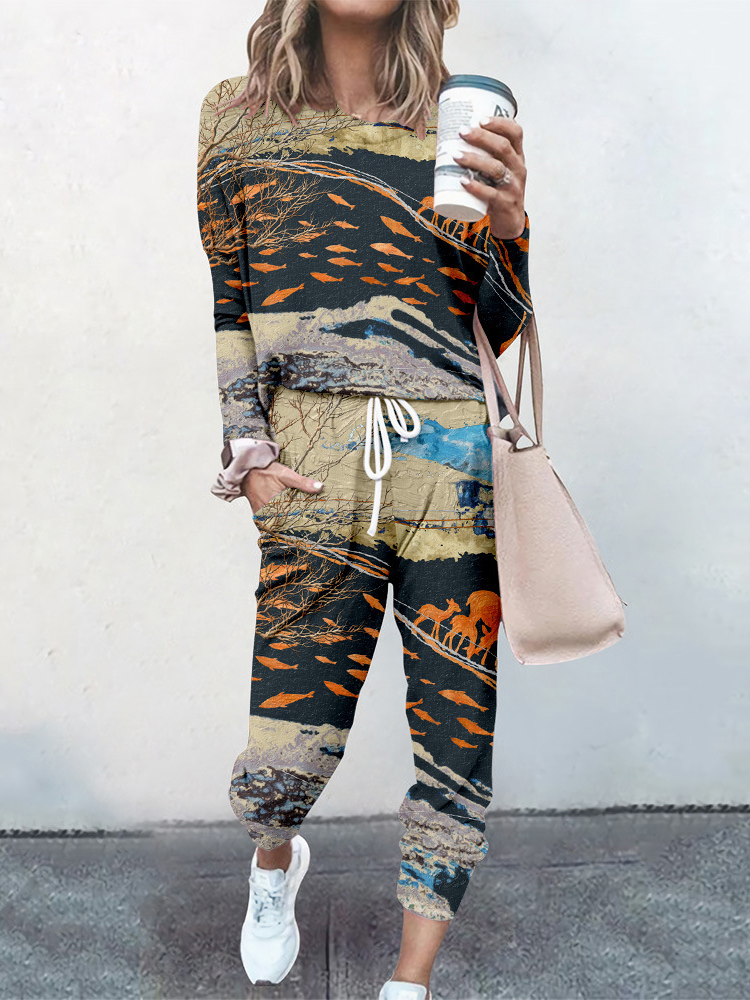 Women Floral Crew Neck Long Sleeve Comfy Casual Top With Pants Two-Piece Set