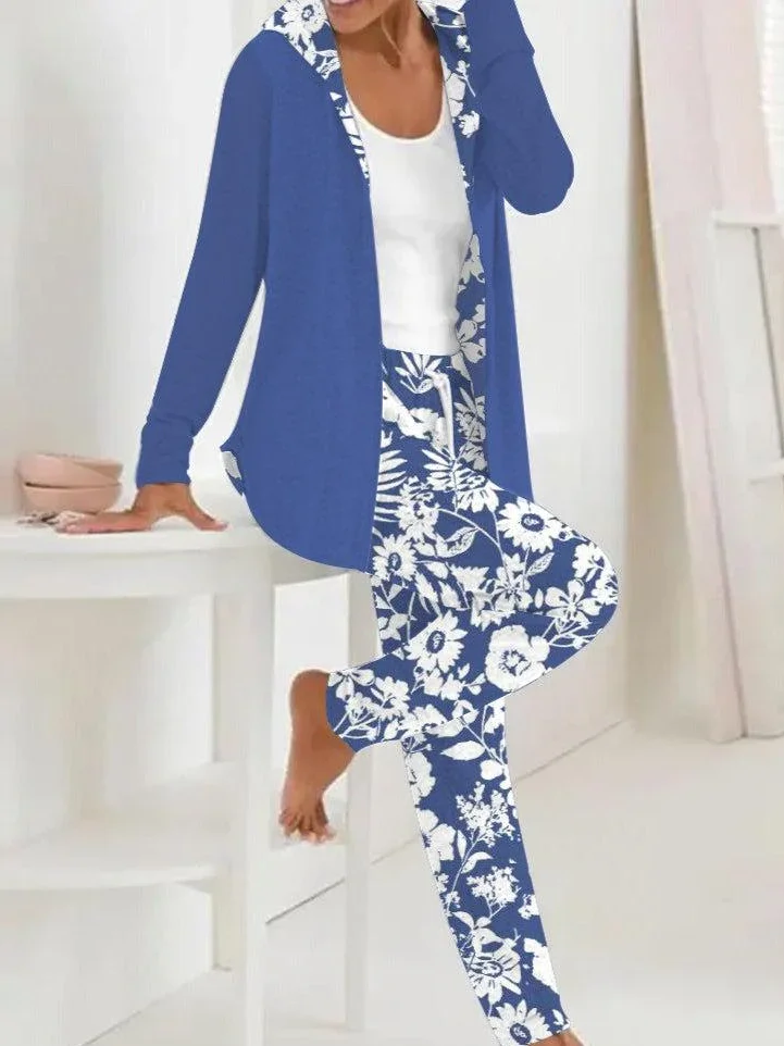 Women Floral Hoodie Long Sleeve Comfy Casual Coat With Pants Two-Piece Set