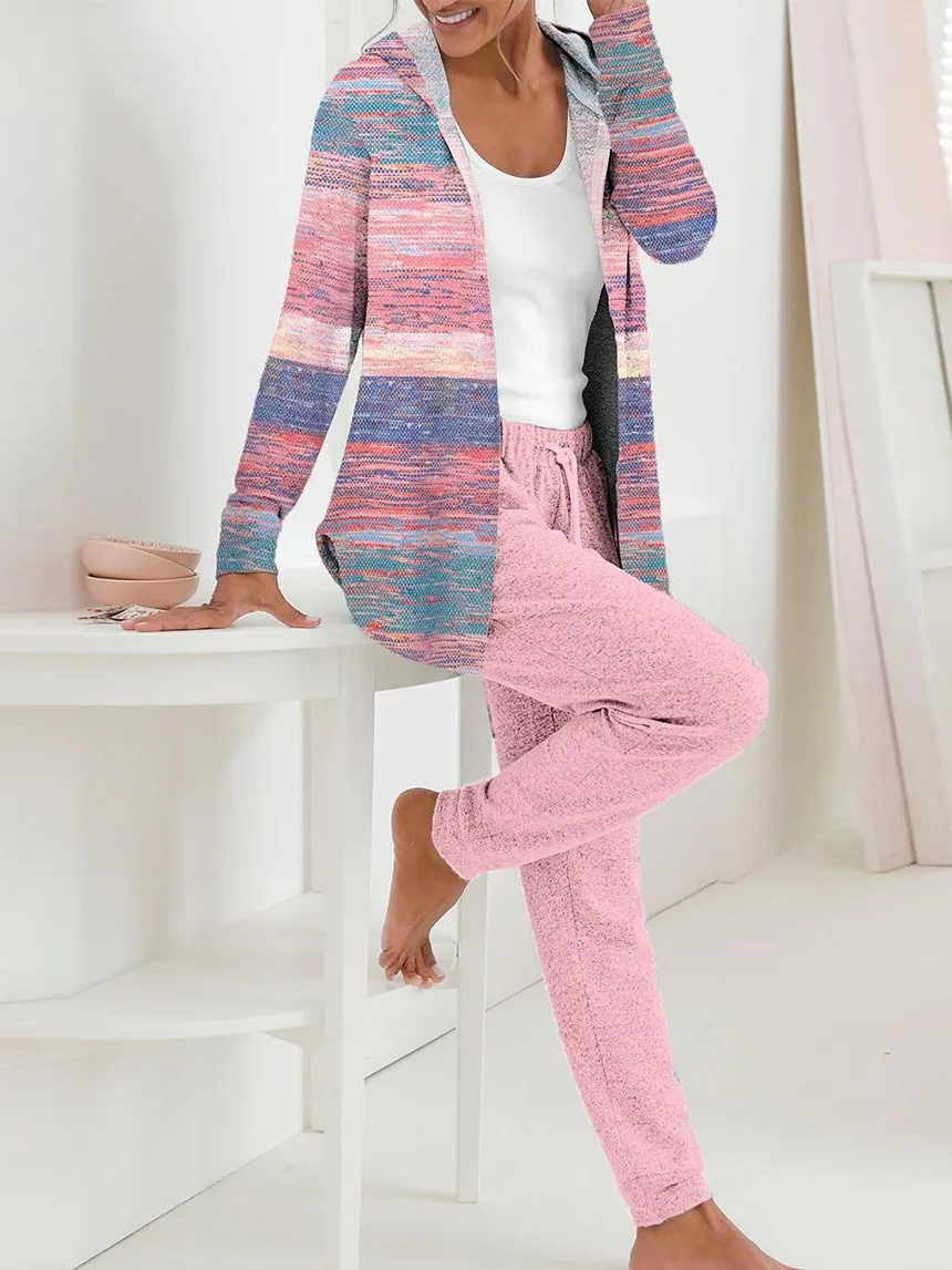 Women Striped Hoodie Long Sleeve Comfy Casual Coat With Pants Two-Piece Set