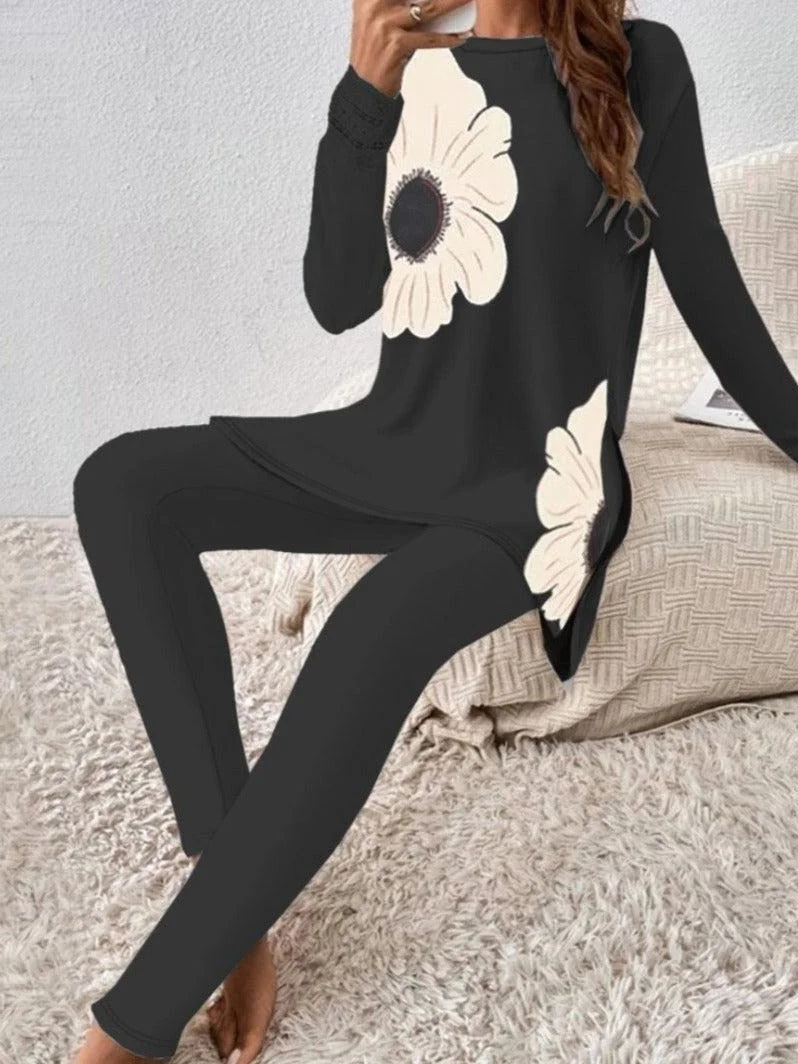 Women Floral Crew Neck Long Sleeve Comfy Casual Top With Pants Two-Piece Set