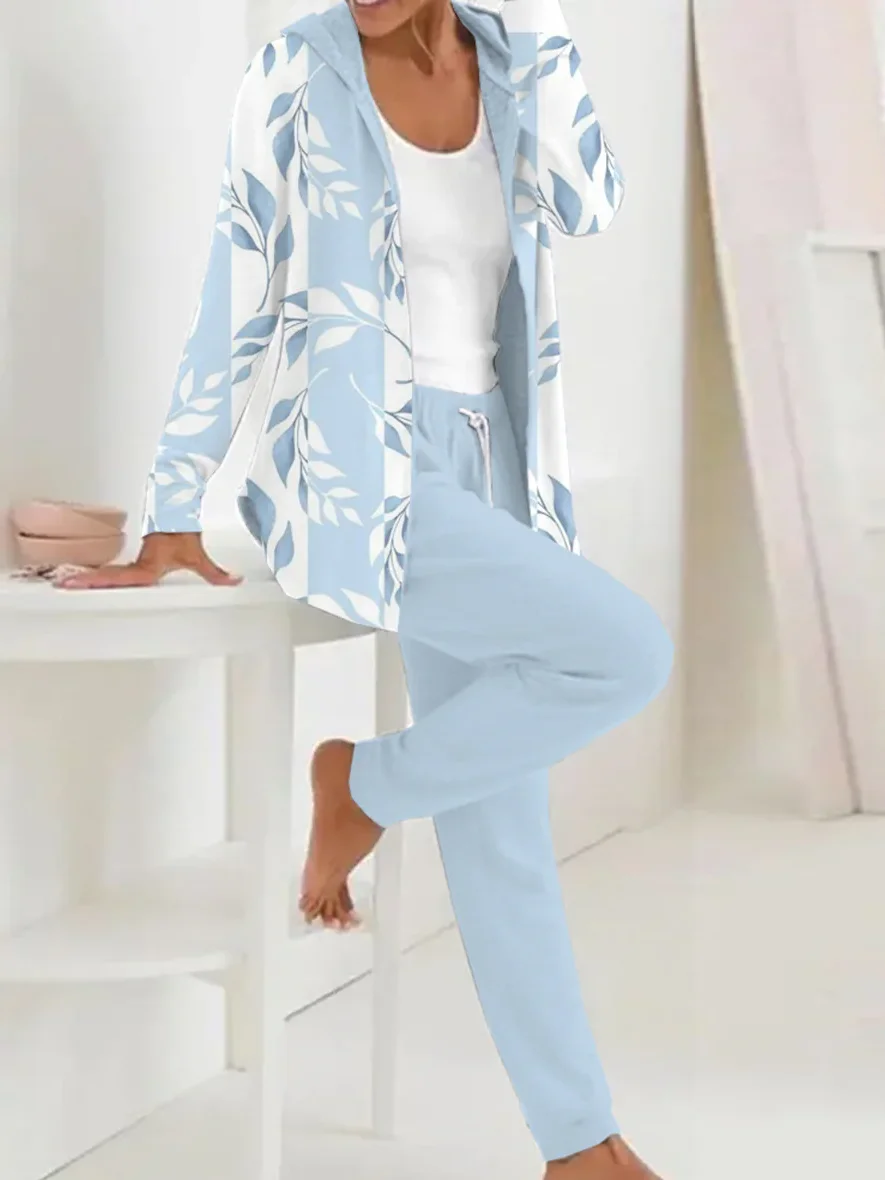 Women Floral Hoodie Long Sleeve Comfy Casual Coat With Pants Two-Piece Set