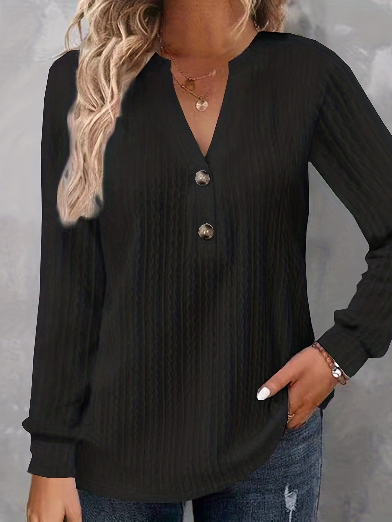 V Neck Long Sleeve Plain Regular Loose Blouse For Women