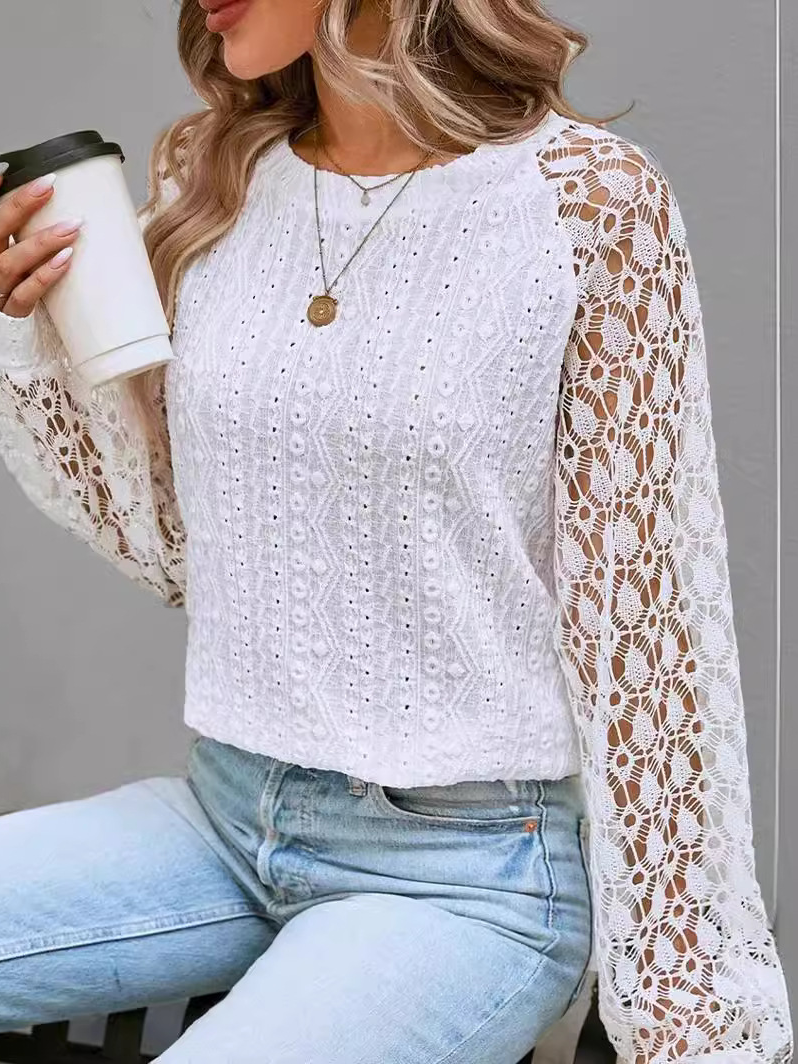 Crew Neck Long Sleeve Plain Lace Regular Micro-Elasticity Loose Blouse For Women