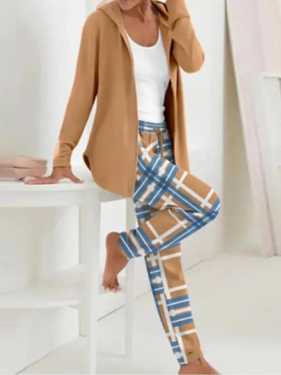 Women Plaid Hoodie Long Sleeve Comfy Casual Coat With Pants Two-Piece Set