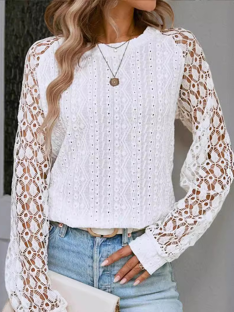 Crew Neck Long Sleeve Plain Lace Regular Micro-Elasticity Loose Blouse For Women