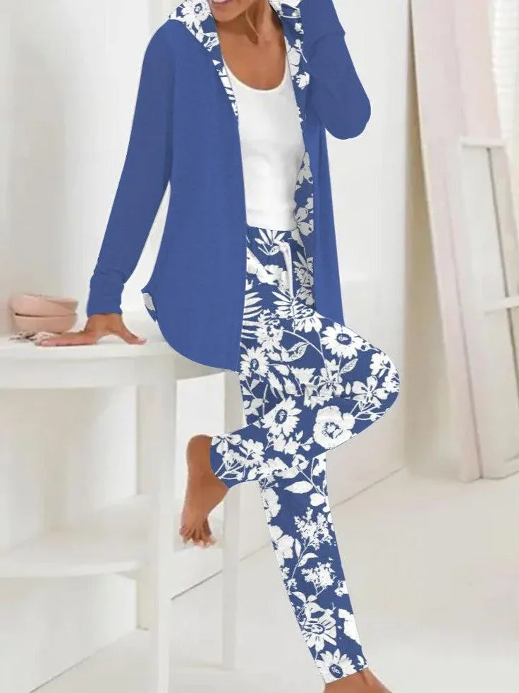 Women Floral Hoodie Long Sleeve Comfy Casual Coat With Pants Two-Piece Set