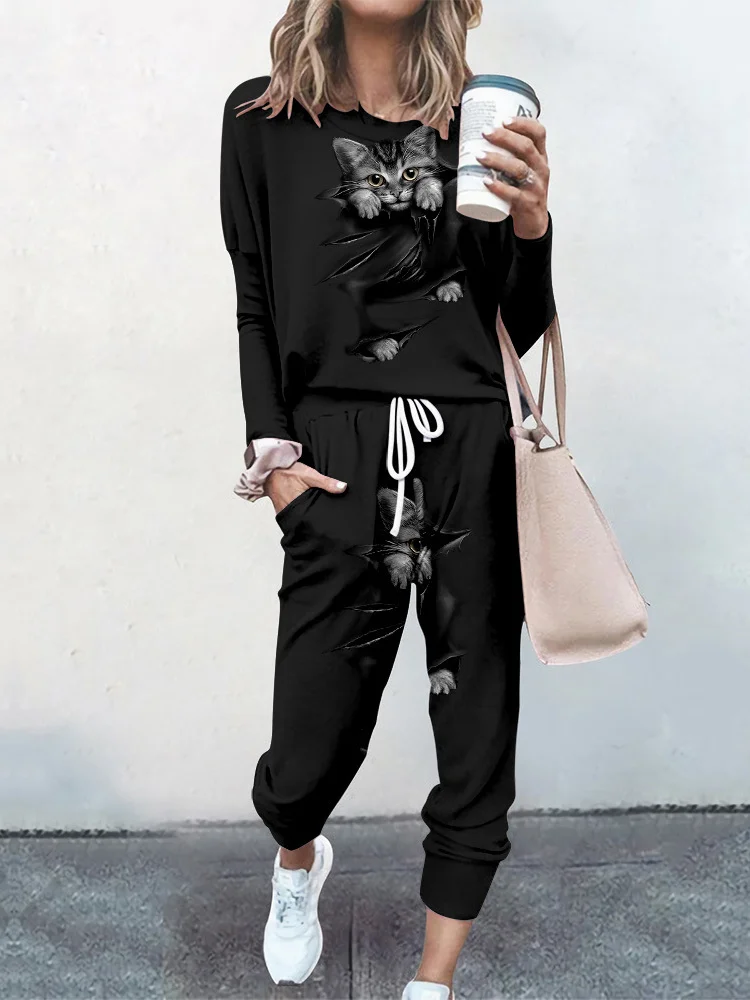 Women Floral Crew Neck Long Sleeve Comfy Casual Top With Pants Two-Piece Set