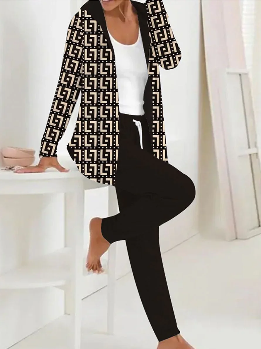 Women Geometric Hoodie Long Sleeve Comfy Casual Coat With Pants Two-Piece Set