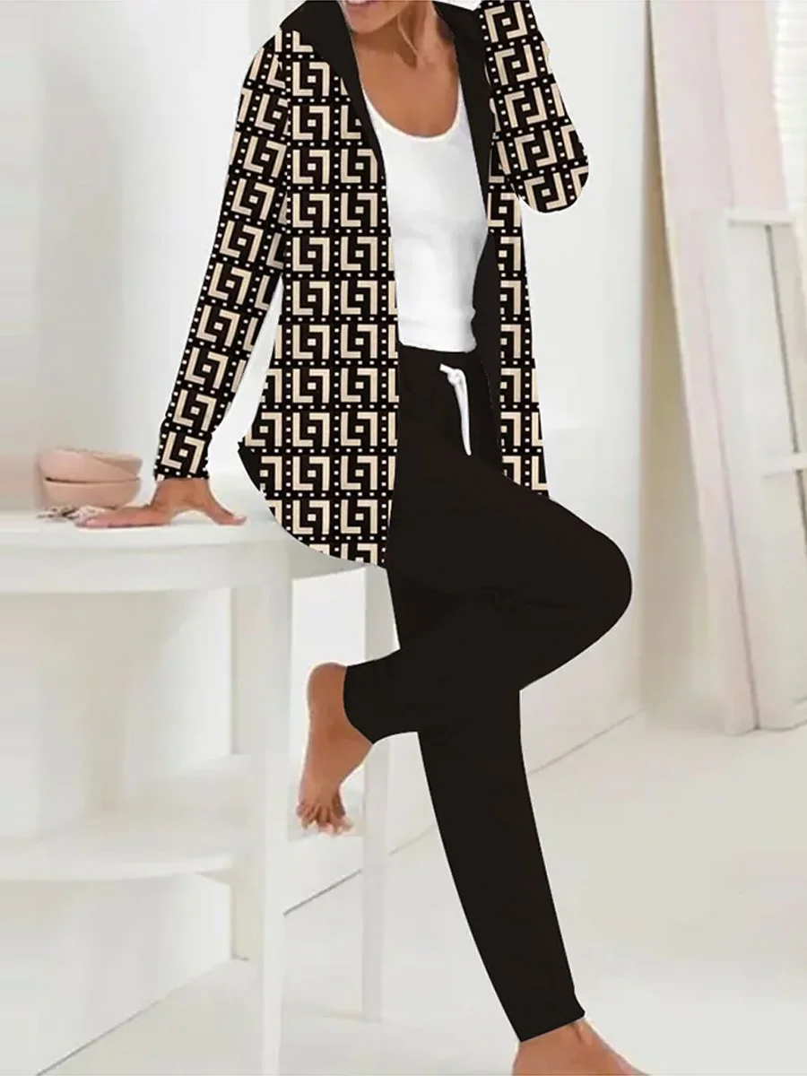 Women Geometric Hoodie Long Sleeve Comfy Casual Coat With Pants Two-Piece Set