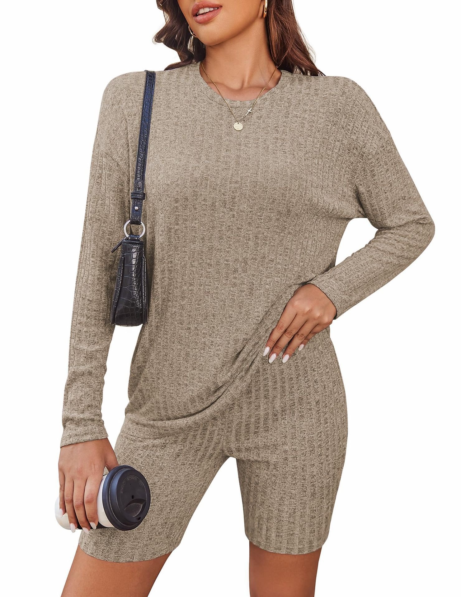 Women Plain Crew Neck Long Sleeve Comfy Casual Top With Pants Two-Piece Set