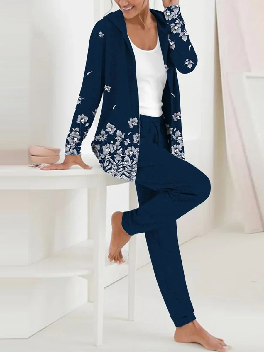 Women Floral Hoodie Long Sleeve Comfy Casual Coat With Pants Two-Piece Set