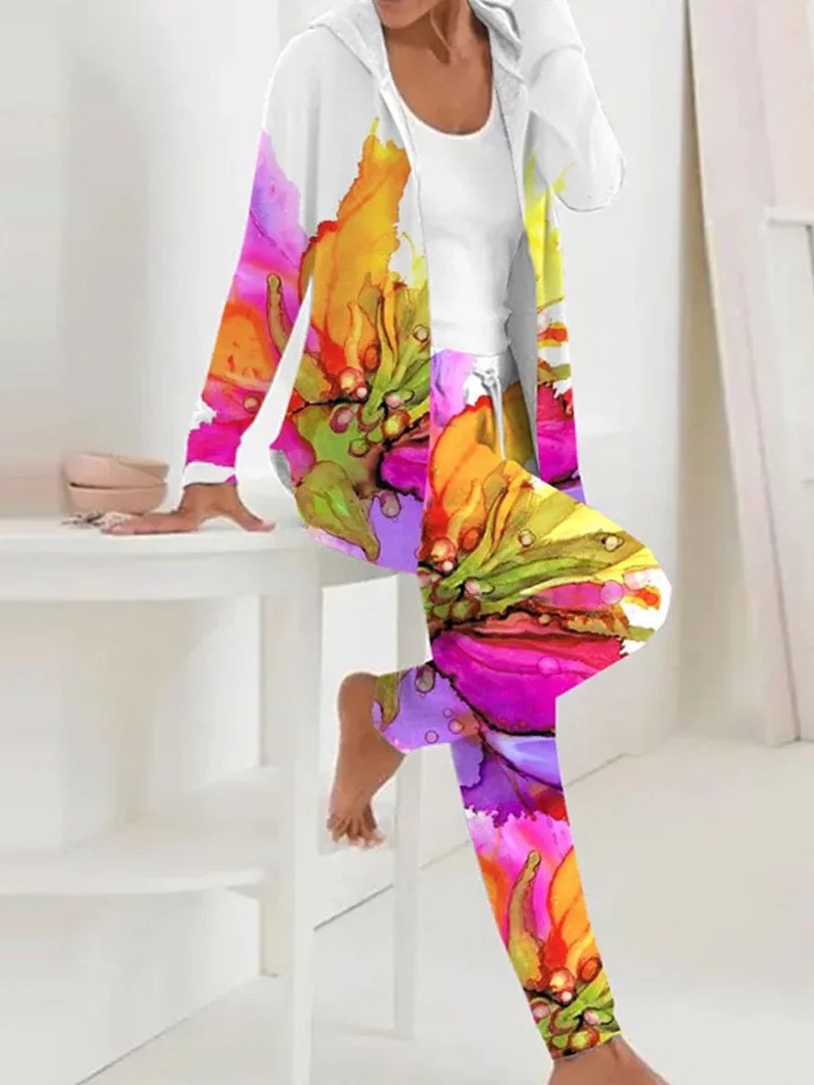 Women Floral Hoodie Long Sleeve Comfy Casual Coat With Pants Two-Piece Set