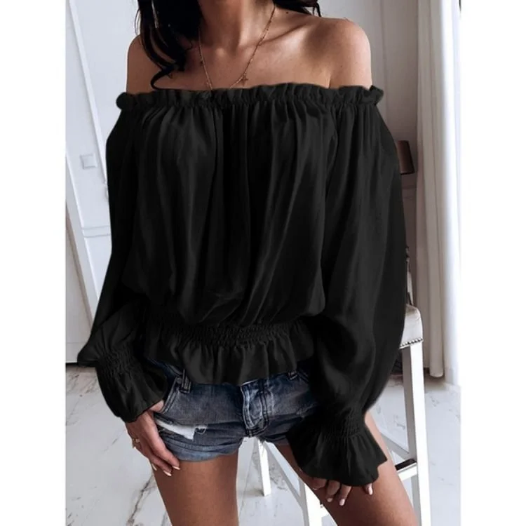 Off The Shoulder Long Sleeve Plain Regular Loose Blouse For Women