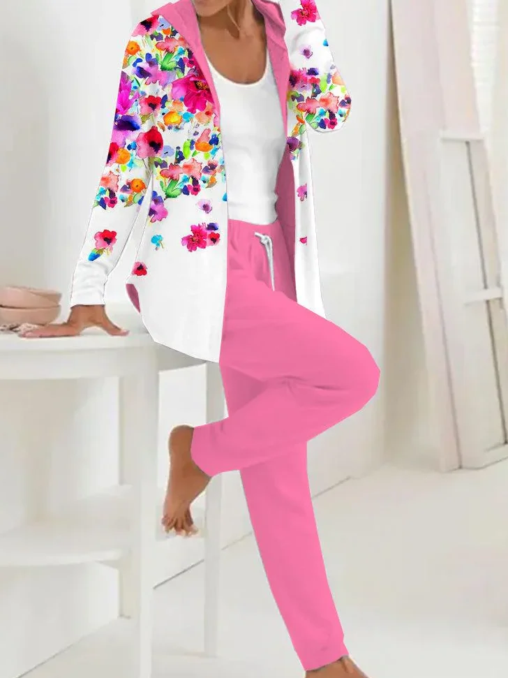 Women Floral Hoodie Long Sleeve Comfy Casual Coat With Pants Two-Piece Set