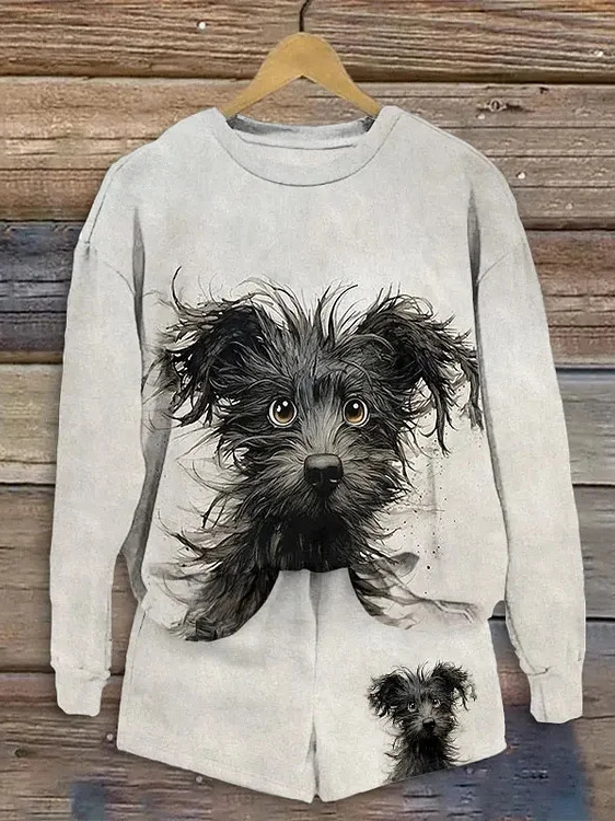 Women Dog Crew Neck Long Sleeve Comfy Casual Top With Pants Two-Piece Set