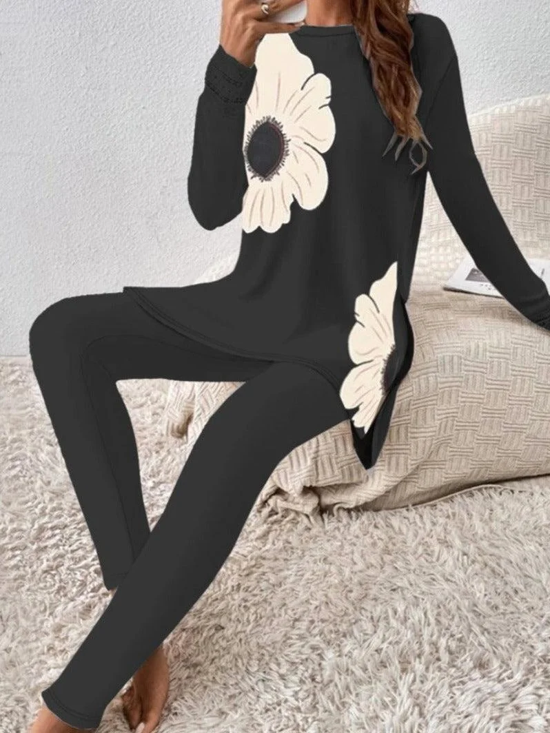 Women Floral Crew Neck Long Sleeve Comfy Casual Top With Pants Two-Piece Set