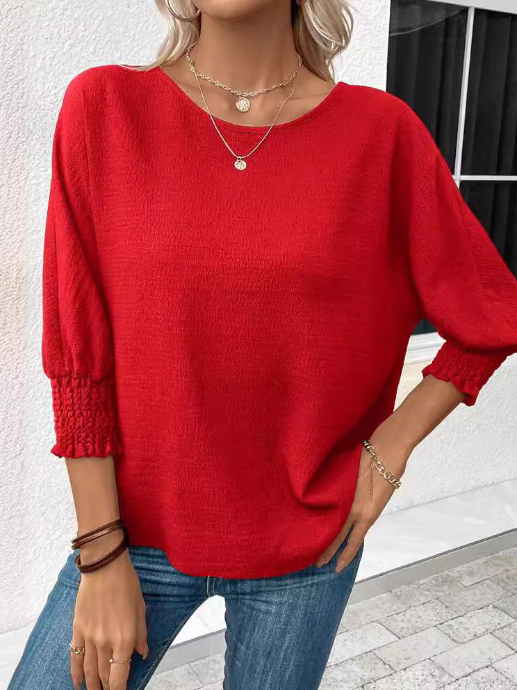 Crew Neck Three Quarter Sleeve Plain Regular Micro-Elasticity Loose Blouse For Women