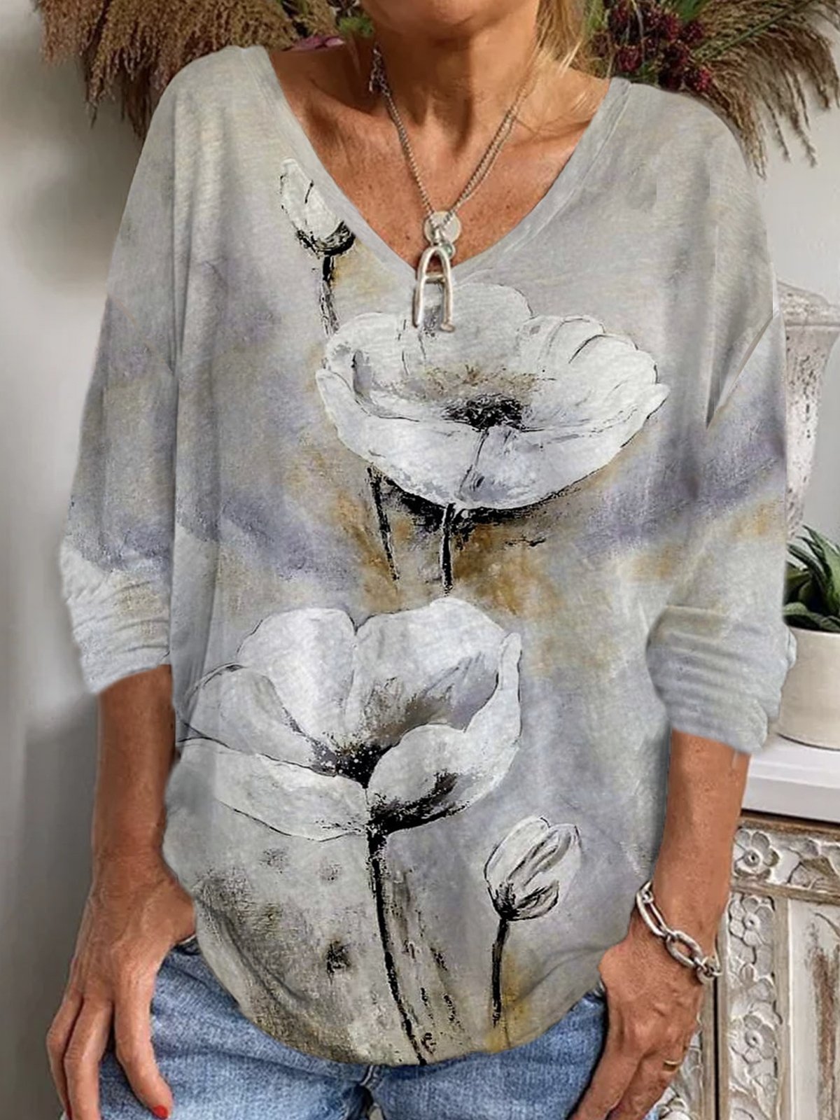 Casual Floral V Neck Long Sleeve T-shirt