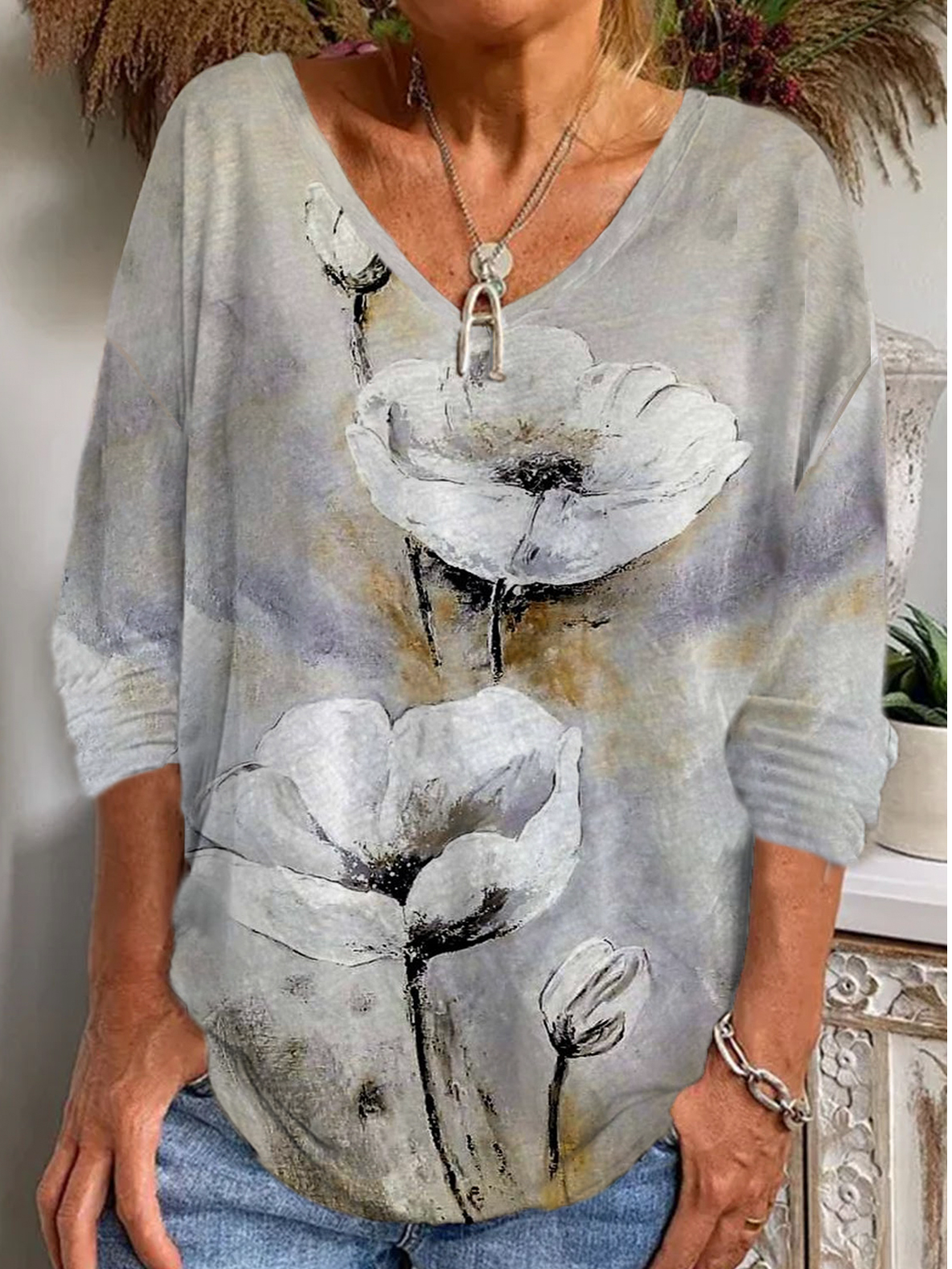 Casual Floral V Neck Long Sleeve T-shirt