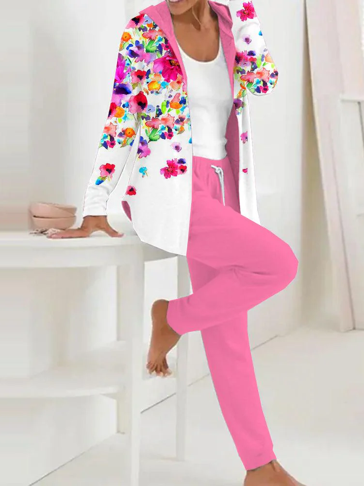 Women Floral Hoodie Long Sleeve Comfy Casual Coat With Pants Two-Piece Set