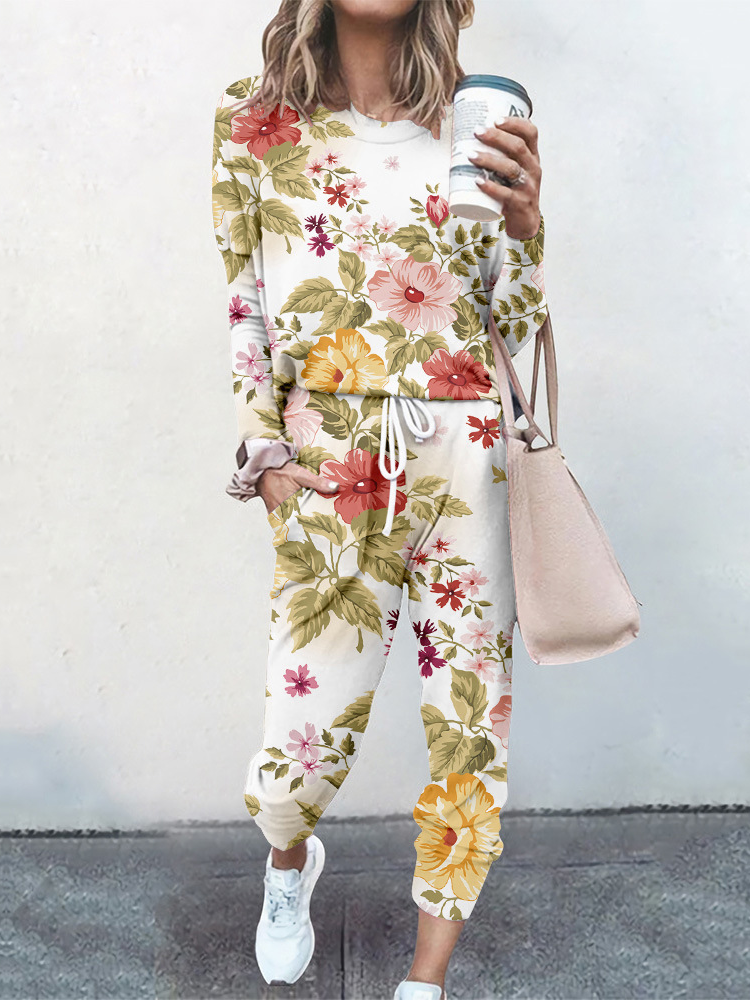 Women Floral Crew Neck Long Sleeve Comfy Casual Top With Pants Two-Piece Set