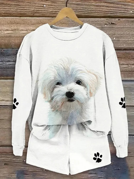 Women Dog Crew Neck Long Sleeve Comfy Casual Top With Pants Two-Piece Set