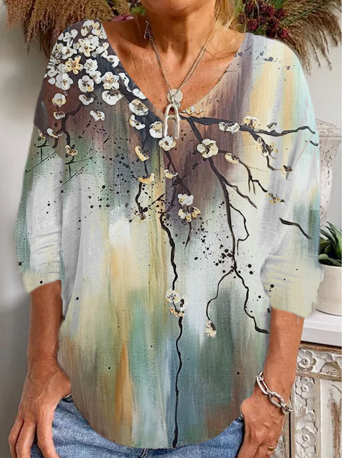 Casual Floral V Neck Long Sleeve T-shirt