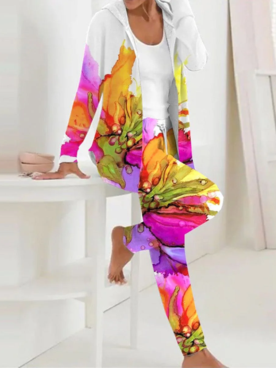 Women Floral Hoodie Long Sleeve Comfy Casual Coat With Pants Two-Piece Set