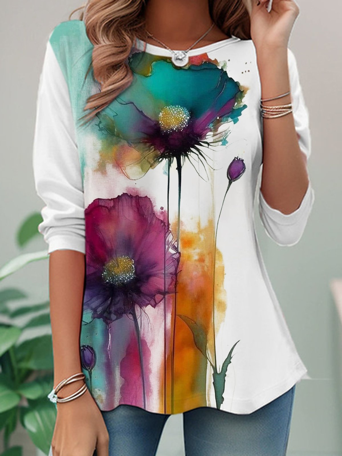 Casual Floral Crew Neck Long Sleeve T-shirt