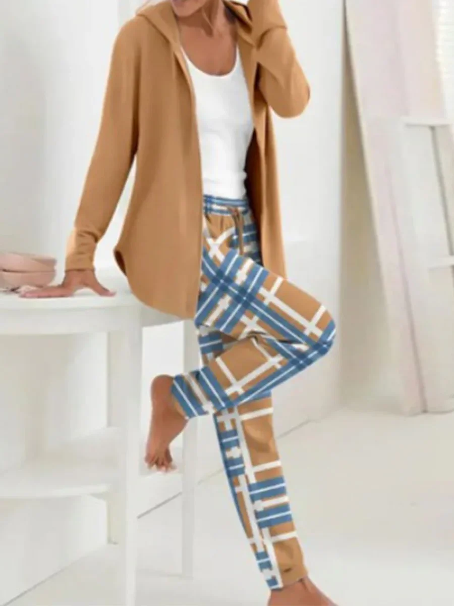 Women Plaid Hoodie Long Sleeve Comfy Casual Coat With Pants Two-Piece Set