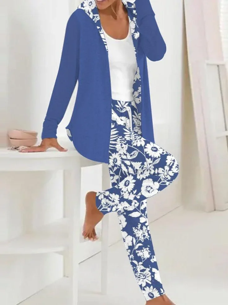 Women Floral Hoodie Long Sleeve Comfy Casual Coat With Pants Two-Piece Set