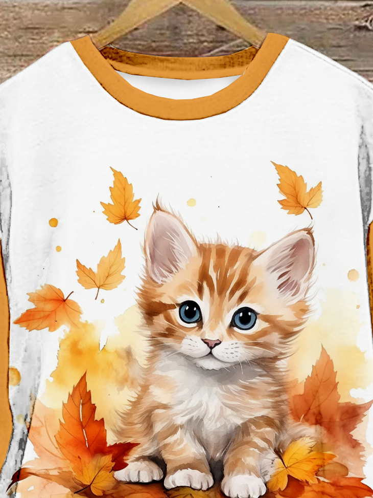 Casual Crew Neck Cat Sweatshirt