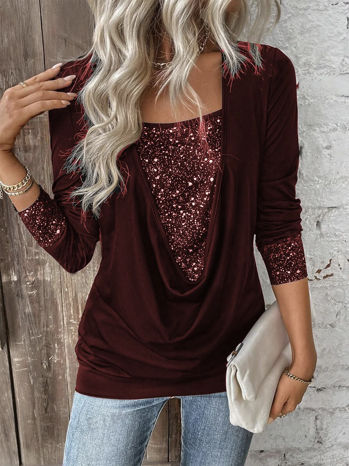 Crew Neck Long Sleeve Polka Dots Lace Regular Micro-Elasticity Loose Mock Two-Piece Blouse For Women