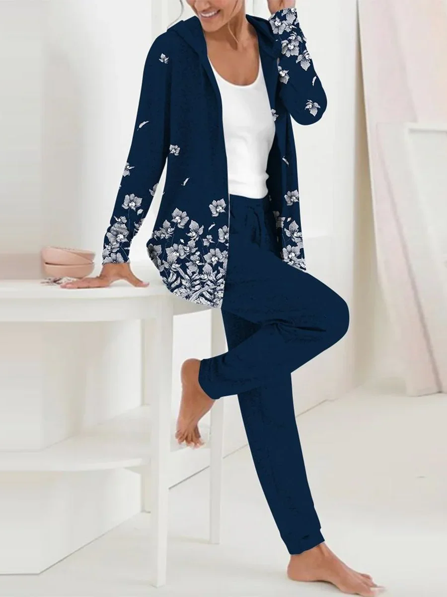 Women Floral Hoodie Long Sleeve Comfy Casual Coat With Pants Two-Piece Set