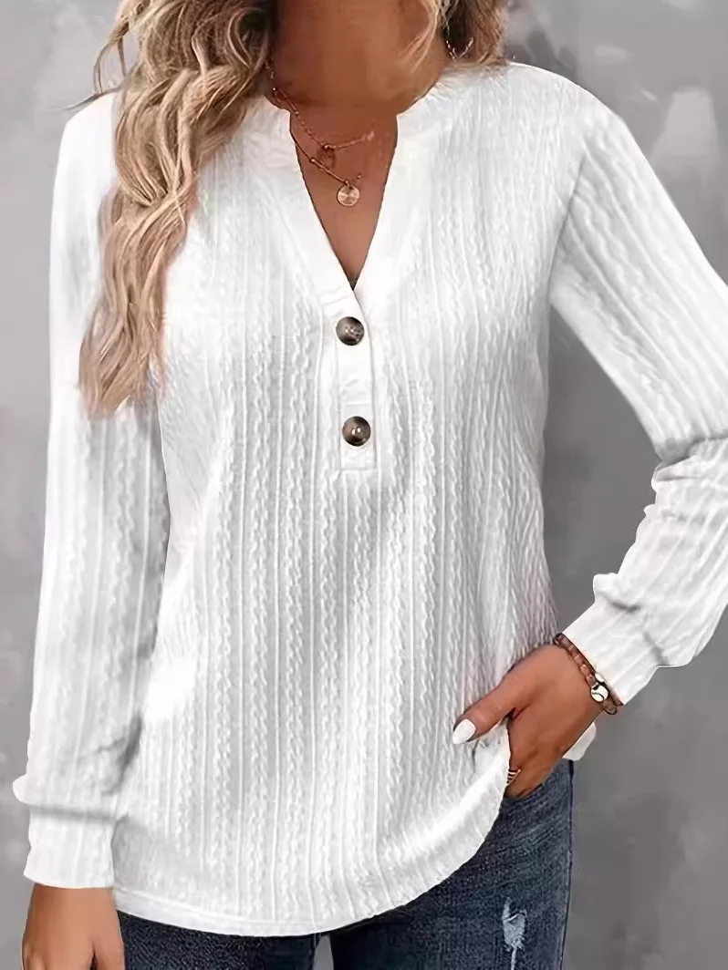 V Neck Long Sleeve Plain Regular Loose Blouse For Women