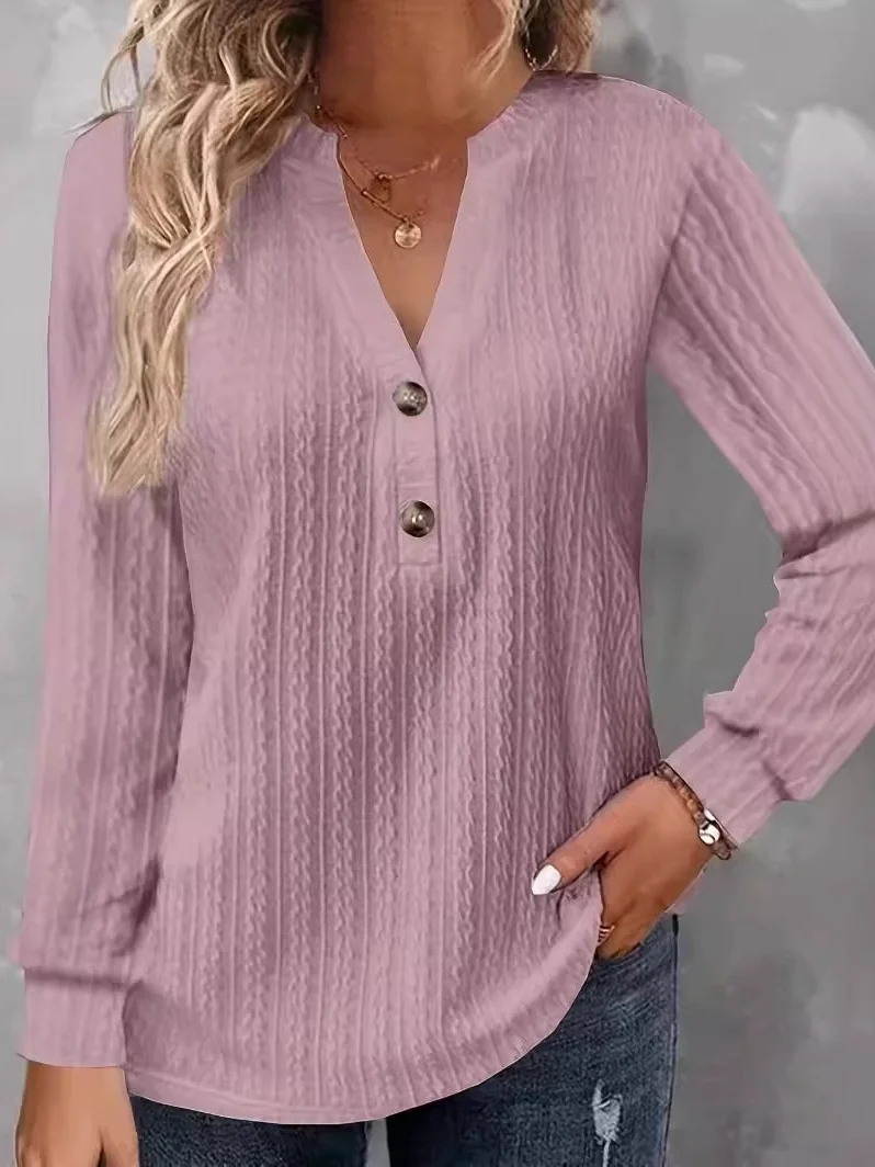 V Neck Long Sleeve Plain Regular Loose Blouse For Women