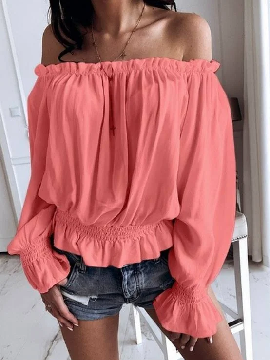 Off The Shoulder Long Sleeve Plain Regular Loose Blouse For Women