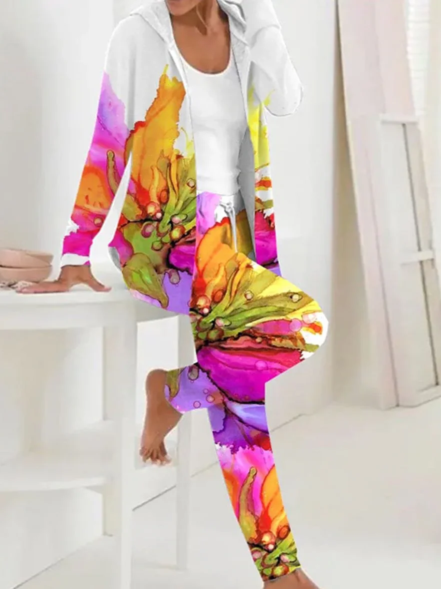 Women Floral Hoodie Long Sleeve Comfy Casual Coat With Pants Two-Piece Set